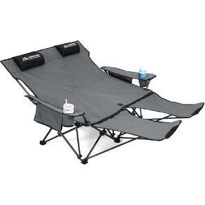 Double Camping Chair with Foot Rest, Reclining Camp Chair for 2 Person Outdoor Lawn Beach, Portable Folding Loveseat with Removable Headrests & Footrest