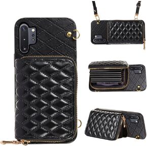 Detachable Crossbody Strap Wallet Case for Samsung Galaxy Note 10 Plus Note10+ 5G Zipper Purse, Multi Card Slots, Leather Stand Phone Cover for Note10 + Notes 10+ Ten Not S10 10Plus Women Black