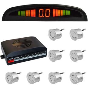 Car Front and Rear Security Reversing Radar Kit, LED Display Buzzer Alarm 8 Sensor Front and Rear Parking Sensor Prompt for Cars (Silver)