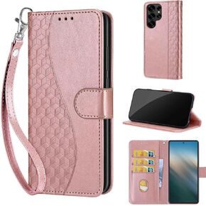 Designed for Samsung Galaxy S25 Ultra Case Wallet,Women Flip Folio Cover with Embossed PU Leather Stand Credit Card Holders Slots Wrist Strap Phone Case for Samsung S25 Ultra (Rose Gold)