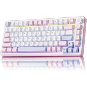 EWEADN GS75 Wireless Mechanical Keyboard, 75% Gaming Keyboard Gasket Hot Swappable Custom Keyboard with RGB, Knob, PBT Keycaps BT5.0/2.4G/USB-C Creamy Keyboard (Cream Pink Switch, Pink & White)