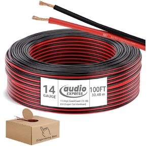 100ft 14-Gauge Audio Stereo Speaker Wire Cable,100 Feet,30.48 Meters,2 Conductor,Flexible Red-Black PVC, CCA,Dispensing Box,Home Theater, HiFi,Auto,Hook-Up,117 High Strand Count (.15 OD)