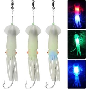 Saltwater Squid Fishing Lures LED Fishing Lures Glow Soft Squid Lures with 6/0 Stainless Steel Hook Deep Sea Trolling Lures for Grouper Salmon Halibut Tuna Striper Cod, 3pcs
