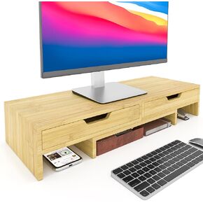 Computer Monitor Stand Riser with 2 Storage Drawers for desk, Premium Bamboo Desk Stand Riser for 2 Desktop Monitors, Desk Monitor Shelf for Laptop Computer iMac, No Assembly Required, Natural