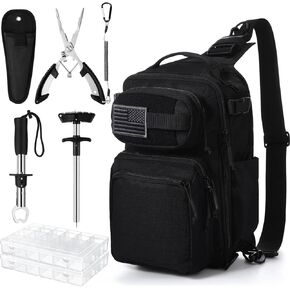 9 Pcs Fishing Tool Kit Fishing Gear and Equipment Include Backpack Pliers Set Tackle Boxes Fish Lip Gripper Hook Remover Tactical Flag Patch(Black)
