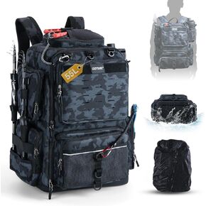 Goture IPX EVA Bottom Fishing Tackle Bag with Rod Holder, Waterproof 600D Fishing Backpack with 8 Lure Pockets & Rain Cover