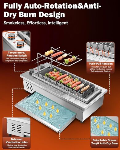 2025 تم ترقية BBQ Kabob Skewers Grill Set-1700W Stainless Steel 360 ° Auto-Roting Colrel Colrill Indoor ، Grill BBQ Lovels مع صينية التنقيط ، فرشاة سيليكون فرشاة نظيفة وفرش in Kuwait