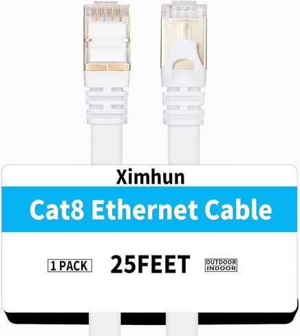 Cat 8 Ethernet Cable 25 FT, 40Gbps 2000Mhz High Speed Flat Cat8 Cable Patch Cord with Gold-Plated RJ45 Connector, LAN Network Internet Cable, Router/Gaming/Computer, S/FTP in Kuwait