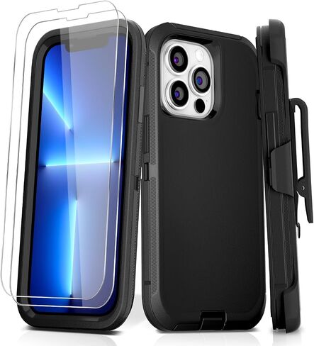 JGS for iPhone 13 Pro Max Case 6.7", Military Grade 3 in 1 Heavy Duty Shockproof/Drop Proof Case with 2 PCS Tempered Glass Screen Protector, includes Holster Clip Kickstand (Black) in Saudi Arabia