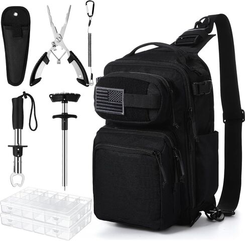 9 Pcs Fishing Tool Kit Fishing Gear and Equipment Include Backpack Pliers Set Tackle Boxes Fish Lip Gripper Hook Remover Tactical Flag Patch(Black) in Saudi Arabia
