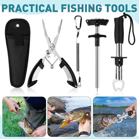 9 Pcs Fishing Tool Kit Fishing Gear and Equipment Include Backpack Pliers Set Tackle Boxes Fish Lip Gripper Hook Remover Tactical Flag Patch(Black) in Saudi Arabia