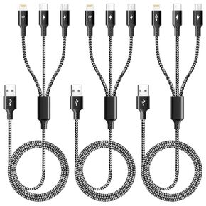 3 in 1 Multiple Charging Cord(3Pack 4Ft), Braided Multi Charger Cable Fast Charging Cable Universal USB Cable with Type C/Micro USB Port for Cell Phones, iPhone 16 15 14 13 Series, Tablets, More