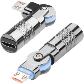 QIANRENON 180° Swivel Micro USB Charging Data Adapter Plug Micro USB Male to Female Rotatable Right Angle Connector Micro to Micro Rotating Extender, 5V 3A 480Mpbs Metal Shell LED Light, 2Pcs