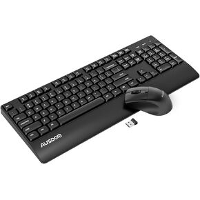 AUSDOM Wireless Keyboard and Mouse Combo, 2.4Ghz Ergonomic Silent Keyboard Mouse, Full-Sized Cordless Membrane Keyboard with Palm Rest for Windows, Mac, PC, Laptop, Adjustable DPI Mouse, USB Receiver