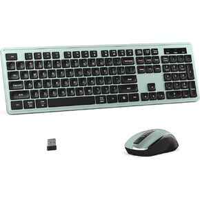 Wireless Keyboard and Mouse Combo, Full-Size 104-Key Office Keyboard with 15 Function Keys, Numeric Keypad, Single USB Receiver, Compatible with PC and Laptop(Green)