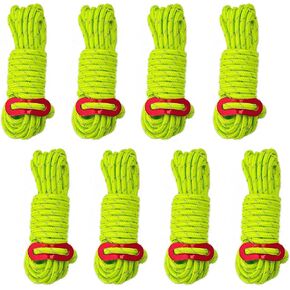 8 Pack Tent Guy Lines with Tensioners 4mm Reflective Cord Lightweight Camping Rope for Tarps Poles (Green, 8 Pack, Φ4mm, 13 feet (4M) Long)