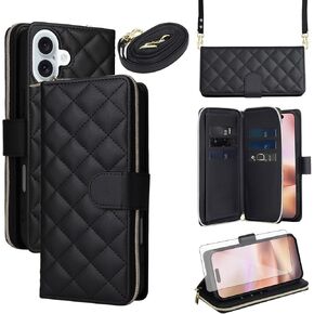 Asuwish Phone Case for iPhone 16 Plus Wallet Cover with Screen Protector Strap Card Holder Slot Stand PU Leather Flip Cell Zipper i-Phone 16+ iPhone16Plus 5G i i16 + iPhone16 16Plus Women Girls Black