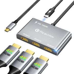 Reborn USB-C to 3 HDMI Adapter with 100W PD, 4K@60Hz USB Type-C to HDMI 1 in 3 Out Splitter for 3-Port USB-C Multi-Monitor Adapter, USB-C Source to 3 HDMI Adapter with PC/macOS/Linux and More