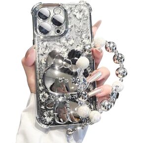 Cute flower phone cases for iPhone 16 Pro Max, rose flower pattern phone case with pearl wrist chain Bracket, removable glitter paper soft TPU shockproof protective cover 16promax cases for men women