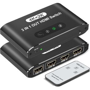 HDMI Switch 3 in 1 Out, 4K@30Hz HDMI Selector with Remote Control, 3 Ports HDMI Switcher, Perfect for Full HD 4K 1080P 3D Video Roku Fire TV Blu-ray Players Stick Apple PS4/PS5 Xbox Chromecast (black)