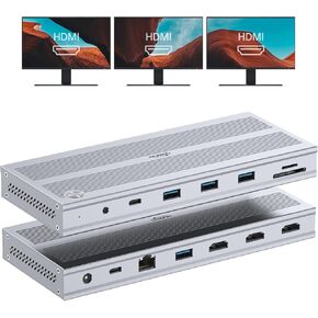 USB C Docking Station 3 Monitor with 120W Power Adapter, Displaylink Docking Station 3 HDMI for Mac, Windows, and Chrome with Thunderbolt or USB C(3 HDMI, 5 USB, Ethernet, SD/microSD)