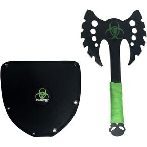Fantasy Axe - Black Stainless Steel Double Headed Axe w/Bio Hazard Graphic, Black Stainless Steel Handle with Green Cord Wrap, Full Tang, Well Balanced, Zombie Slayer - ZB-AXE12