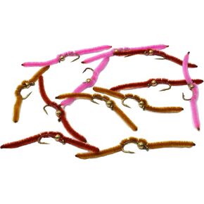 Tungsten Bead Head San Juan Worm Fishing Flies - 1 Dozen on Mustad Signature Fly Hook Size 14 - Assorted