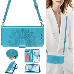 Elteker for iPhone 15 Plus Wallet Case with Shoulder Strap Crossbody Lanyard, PU Leather Flip Kickstand Women Wallet Case with Card Holder for iPhone 15 Plus - Blue