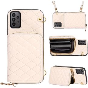 Detachable Crossbody Strap Wallet Case for Samsung Galaxy A32 5G 2021 6.5 inch Zipper Purse, Multi Card Slots and PU Leather Stand Phone Cover for M32 G5 A 32 32A S32 SM-A326U A326U Women Beige