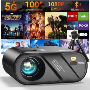 5G WiFi Bluetooth Projector, Outdoor Movie Projector [Projector Screen and Tripod Included], Full HD 1080P Video Projector for Home Theater, Compatible with Phone, HDMI, USB, Laptop, TV Stick, U Disk