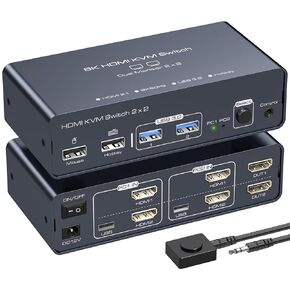 HDMI KVM Switch 2 Monitors 2 Computers 8K60Hz 4K120Hz Hotkey KVM Switches Dual Monitor for 2 PC Share 2 Monitors and 4 USB Ports Support Extended/Copy Mode with Desktop Controller