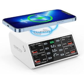 100W 8-Port Charging Station for Multiple Devices with 4 QC3.0+4 USB C PD Ports, Wireless Charger, Multi Fast Charging Hub for iPhone,Samsung, iPad