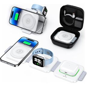 3 in 1 Travel Charging Station (with Storage Case), Dual Magnetic Wireless Charger for iPhone 16/15/14/13/12 Series and Apple Watch, Portable Charger for iPhone Watch and Airpods 4/3/2/Pro