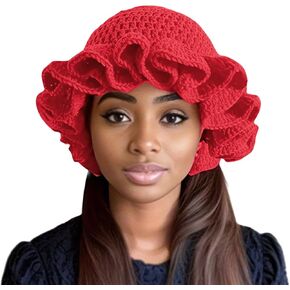 Women Crochet Bucket Hat Cute Winter Ruffled Brim Floppy Cap Handmade Knit Cloche Hats