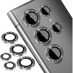 Compatible for Samsung Galaxy S22 Ultra Camera Lens Protector Glitter, Cute Bling Camera Cover with Tempered Glass Screen, Sparkly Metal Ring, Case Friendly (Black)
