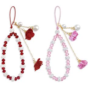 Ikacvb 2Pcs Flower Phone Beaded Wrist Strap Cell Phone Charm Cute Camera Wrist Strap Phone Chain For Women Teen Girls Crystal Flower Phone Lanyard Keychain