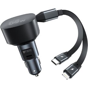 Retractable Car Charger[up to 60W], Flaviao Car Phone Charger 4 in 1 Fast Car Charger USB C USB A with 2 Retractable Cables, Compatible with iPhone 16/15/14/13/12, iPad, Samsung