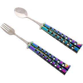 Butterfly Fork and Spoon Set for Hunting, Camping and Hiking Purposes. (Rainbow)