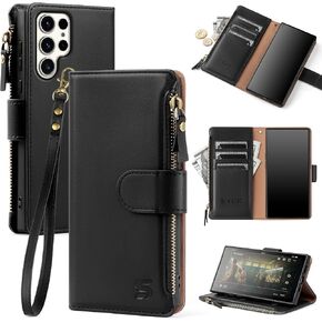 Compatible with Samsung Galaxy S25 Wallet Case with Card Holder,Women Men RFID Blocking PU Leather Flip Cover Wrist Strap Zipper Credit Card Slots,Phone Case for Galaxy S25 6.2",Wine Red