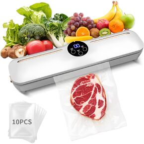 Vacuum Sealer Machine, Multi-Functional Food Vacuum Sealer Machine with 10 Food Preservation Bags, Automatic Vacuum Sealer for Dry/Moist Food Storage, Digital Display Vacuum Sealing Function - White in Saudi Arabia