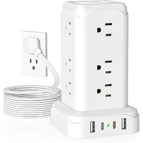 Surge Protector Power Strip Tower, Flat Plug Power Strip with 12 Outlets 4 USB Ports PD20W, 6Ft Extension Cord with Multiple Outlets, Desk Charging Station Tower for Travel Home Office Dorm