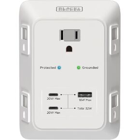 BLACK+DECKER PD USB Wall Charger Surge Protector 5 Outlet Extender with 2 USB C PD & 1 USB Charging Ports, Fast Charge 3 Sided Power Strip Multi Plug Outlets Wall Adapter for Home Office ETL Listed
