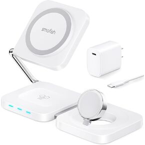 3-in-1 Wireless Charging Station for iPhone 16 15 14 13 12, Airpods, Apple Watch, Travel Charger Station for Multiple Devices, Best Travel Gifts for Men and Women Who Have Everything White