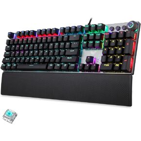 AULA Mechanical Gaming Keyboard Blue Switches,Rainbow LED Backlit,Ergonomic Wrist Rest,Aluminum Base,Full Size 108 Keys Anti-Ghosting,Macro Programmable Computer Keyboard Wired for PC Laptop