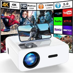 Projector, Native 1080P Full HD Bluetooth Projector, 11000 Lumens Mini Portable Outdoor Indoor Movie Projector Compatible with Laptop, Smartphone, TV Stick, Xbox, PS5