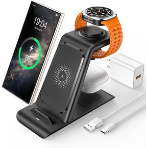 3 in 1 Wireless Charging Station for Samsung Wireless Charger for Galaxy Watch 7/6/5/Pro/4, Galaxy S25/Ultra/S25+/S24/S23/Note 20/10/Z Flip 6/5 Fold 6/5 Galaxy Buds 3/2/Pro/Live Multiple Devices