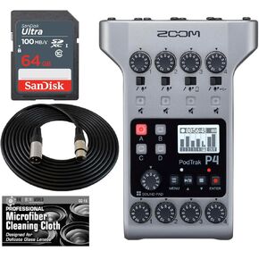 Zoom PodTrak P4 Podcast Recorder with 4 Microphone Inputs, 4 Headphone Outputs, Phone and USB Input for Remote Interviews + 64GB Card + Extra SLR Cable