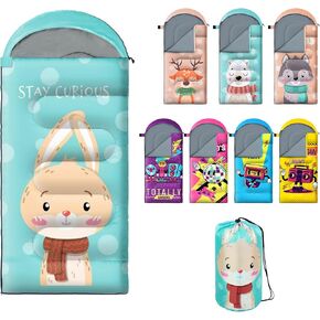 Sleeping Bag for Kids,Portable Camping Sleeping Bags for Boys&Girls with Cute Cartoon Print,Lightweight Waterproof Compact Sleeping Bag for Indoor Outdoor Hiking Travel - Rabbit