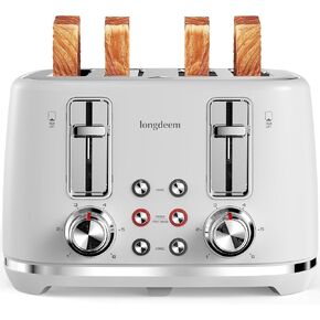 4 Slice Toaster, Extra Wide Slots, Longdeem Retro Stainless Steel Toasters, 6 Browning Options, Auto Shut Off & Frozen Function, Toast Fruit Bread, Bagel & Waffle, Red