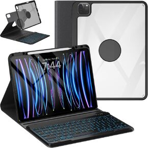 OYEEICE Keyboard Case for iPad Pro 12.9 inch 6th Gen 2022, 5th 2021, 4th 2020, Rotating Detachable Clear Cover with 7 Colorful Backlit Keyboard Wireless, Pencil Holder, Auto Wake/Sleep - Black